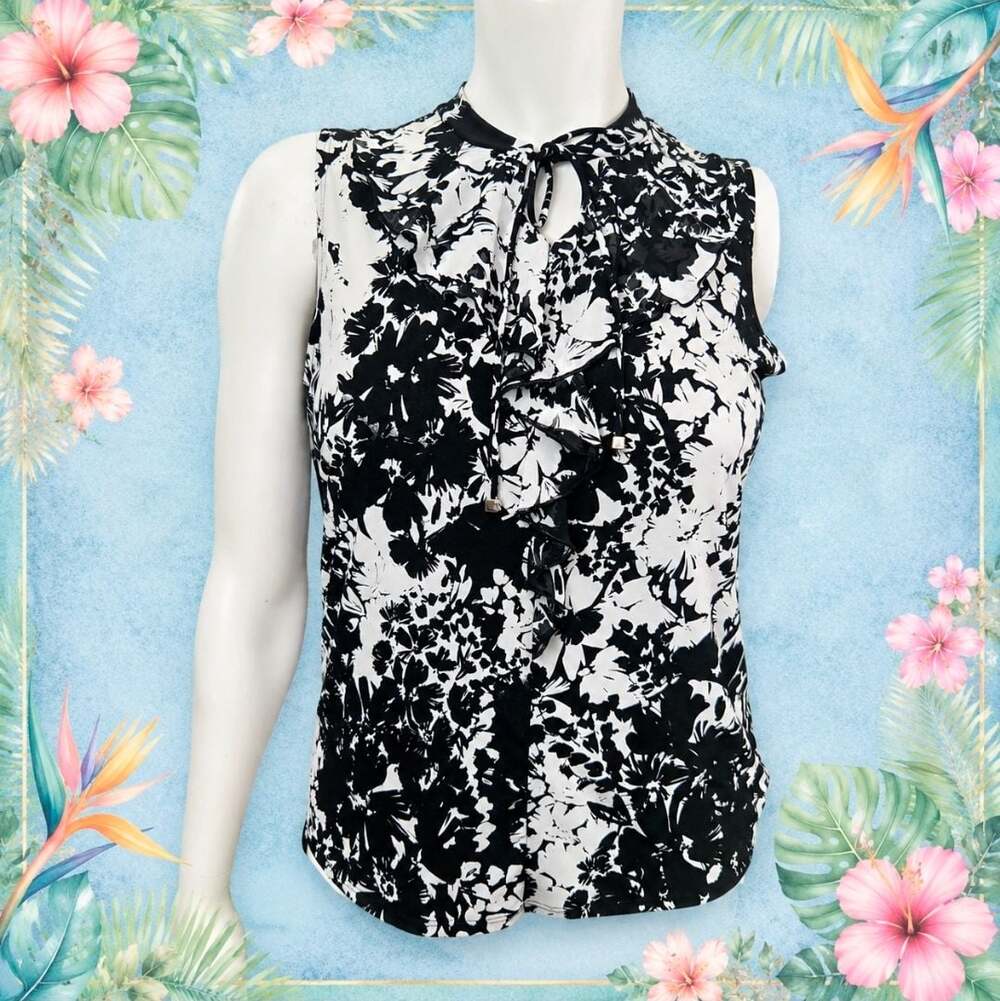 Liz Mccoy Black White Floral Print Sleeveless Ruffle Tie Blouse XL